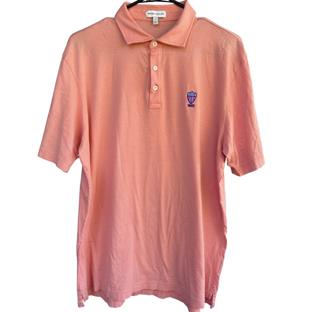 Peter Millar 100% Pima Cotton Polo Shirt Coral Stripe Crest Logo‎ Mens Large